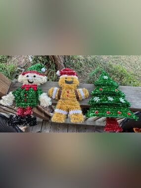 Vintage set of 3 tinsel holiday decor, gingerbread man, Christmas tree, and elf